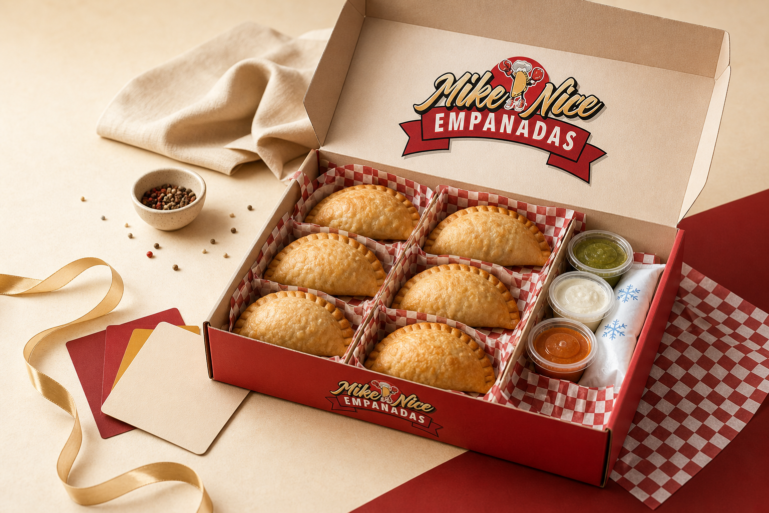 Mike Nice frozen empanada take-home box with sauces and cold pack